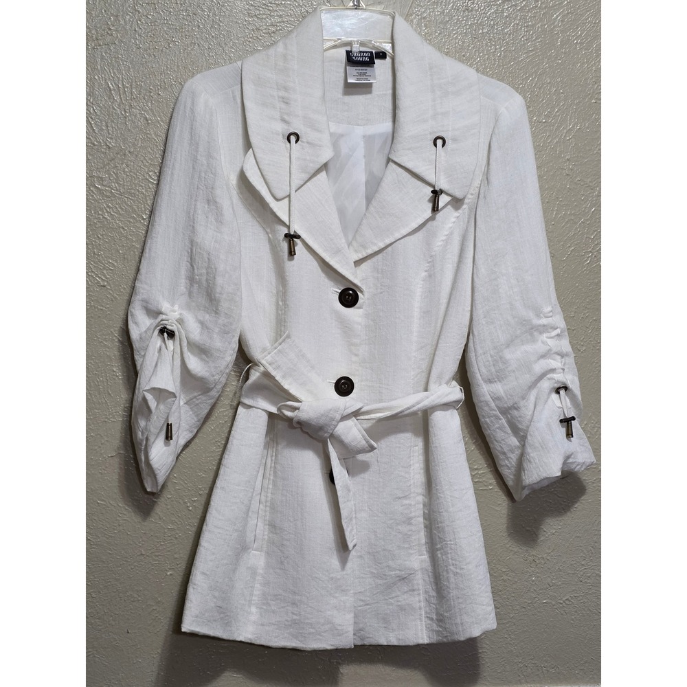 Sharon Young White Belted 3/4 Sleeve Trench Jacket Style 2231J81 Small preppy